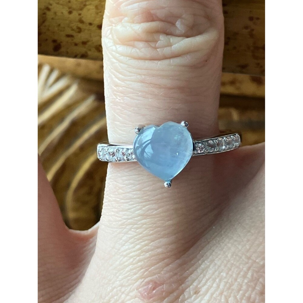 Genuine Aquamarine Sterling Silver Heart Ring Size 7.75